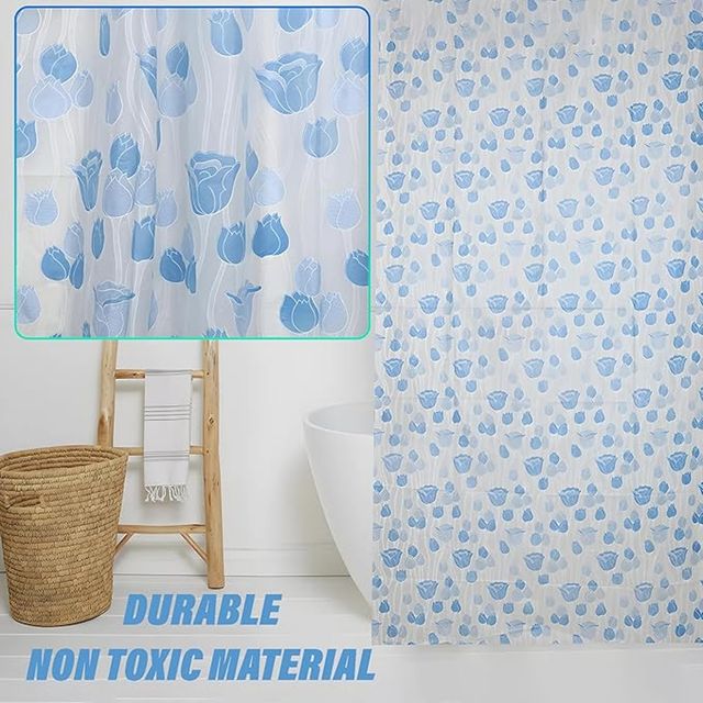 Kuber Industries PVC Floral Shower Curtain with Hooks | Size Standard (Blue) | Washable | Pack of 1