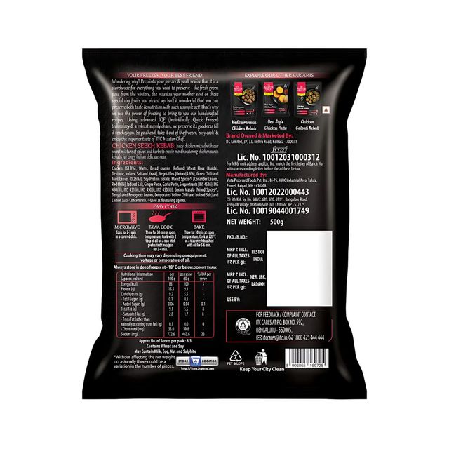 ITC Master Chef Chicken Seekh Kebab | Protein-High | No-preservatives | Microwave Friendly | 10 Pcs
