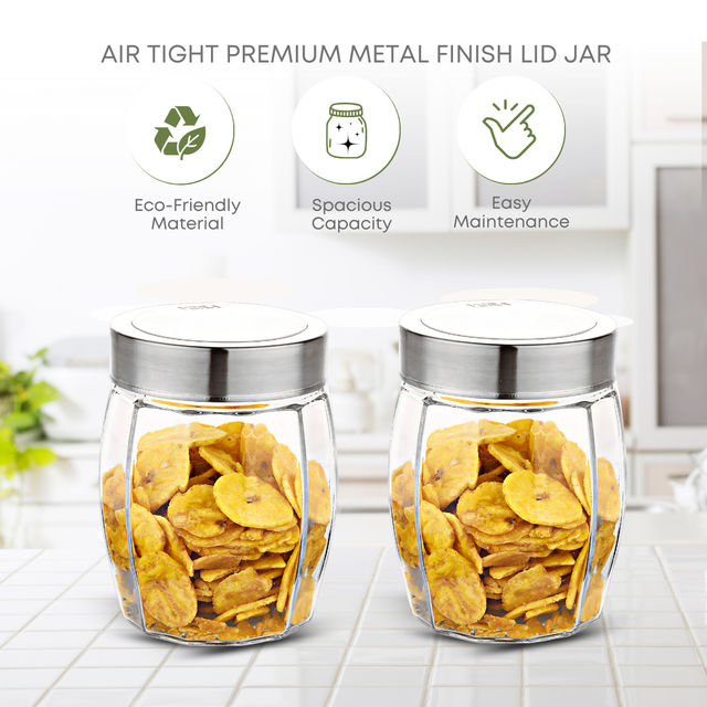 Yera Premium Glass Jar With Steel See-Thorugh Lid 1 Pc 1090 Ml (Each) Barrel Shaped