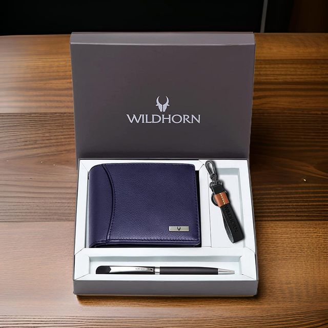 Wildhorn Men'S Leather Wallet Gift Set | Blue - One Size (1pc) & Calvadoss Unisex Canvas Belt | Canu-1054 | Beige | Upto 40 Inch (1pc) Combo