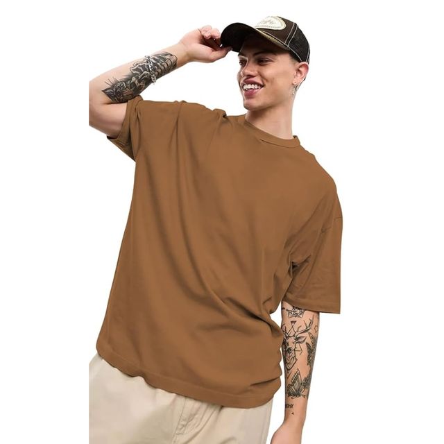 Chkokko Men's Oversized Solid Round Neck T-shirt | Golden Brown - S