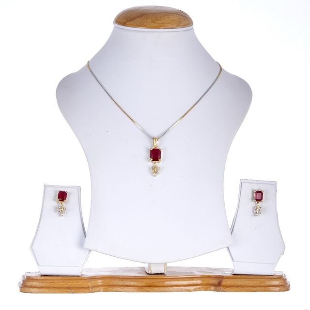 Zeneme Gold Plated Red CZ-AD Stone Drop Leaf Pendant Necklace Set With Earring For Women & Girls