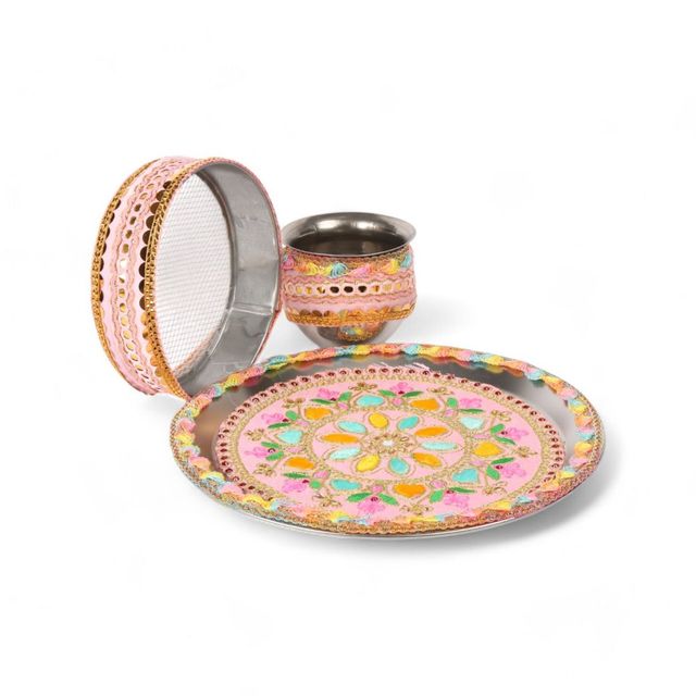 Sanskriti Pink Handcrafted Designer Pooja Thali Kalash Set