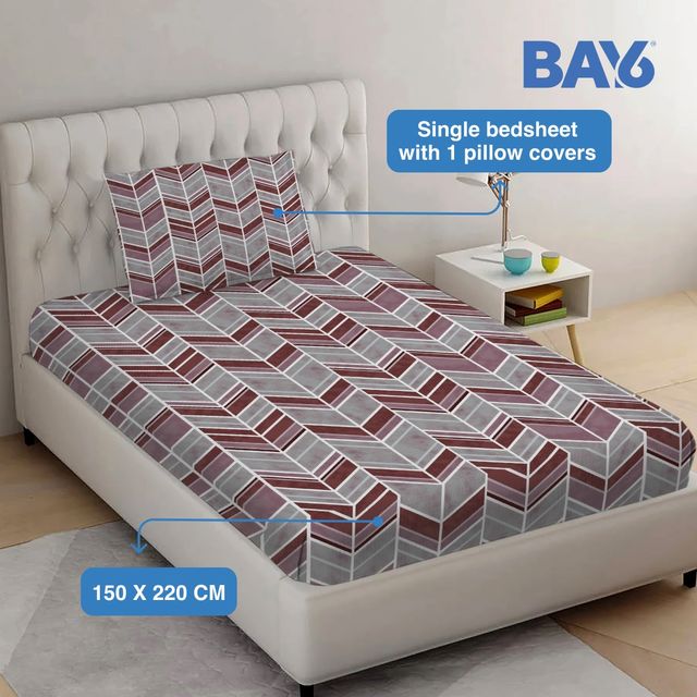BAY6 Microfibre Geometric Print Single Bedsheet - Maroon & Grey | 150 x 220 cm + Pillow Cover