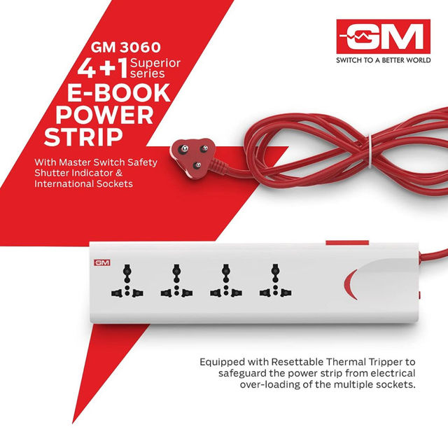 GM 3060 E-Book 4 + 1 Power Strip Red & White Colour 250 Volts with Master Switch, Indicator, Safety Shutter & 4 International sockets, Extension Cord for Home Appliances