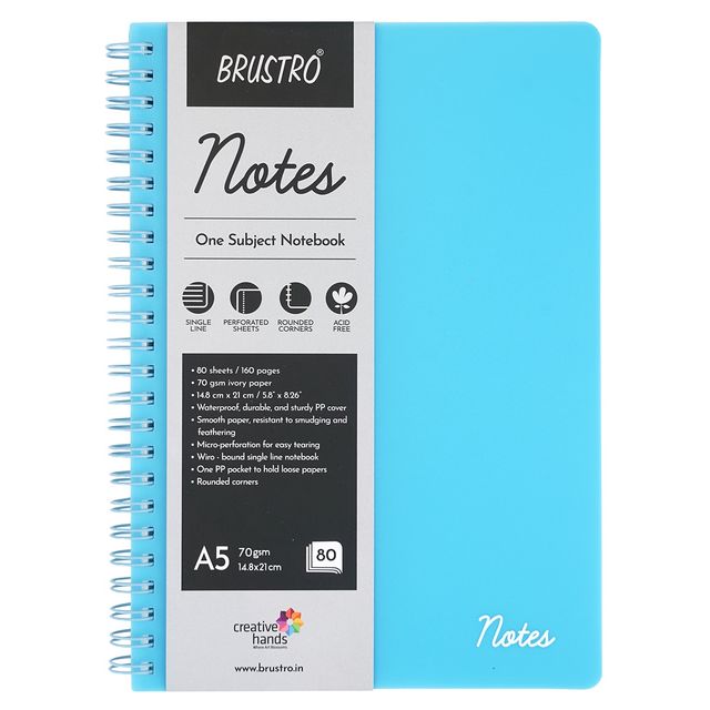 Brustro Notes A5 Size | 1 Subject Ruled Notebook 160 Pages | 70 Gsm Ivory Paper | Aqua Cover