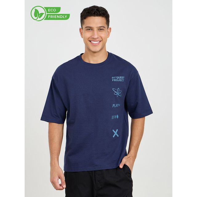 Styli Men's Oversized Athleisure T-shirt with Slogan Print | Navy Blue - XL