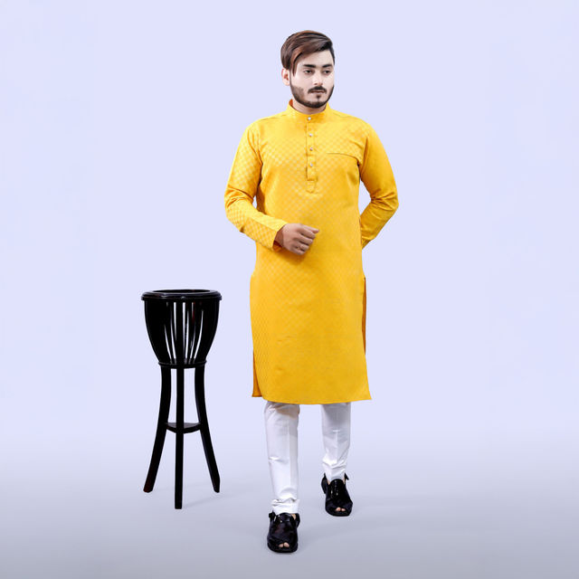 Tibra Collection Men Kurta - Yellow | Block Pattern | Cotton Blend | S