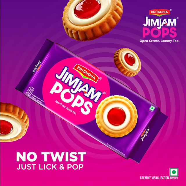 Britannia Jimjam Pops, Crunchy Cookie With Vanilla Crème And Jammy Center, Open Crème Biscuit