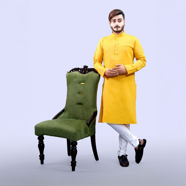 Tibra Collection Men Kurta - Yellow | Block Pattern | Cotton Blend | S