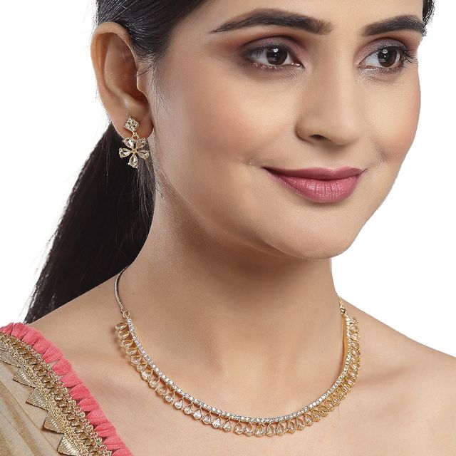 Zeneme Gold Plated American Diamond Modern Necklace Set | Multi-Piece Set