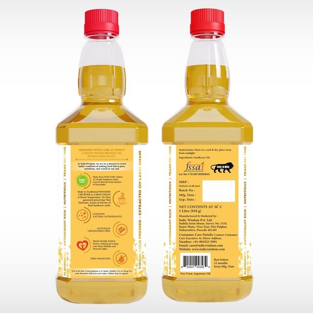 Indic Wisdom Wood Pressed Sunflower Oil | Cold Pressed - Extracted on Wooden Churner