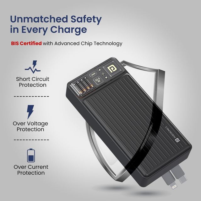 Portronics Luxcell Bind 20K 22.5W,20000mAh Power Bank Built-in 2 Detachable Output Cables(Black
