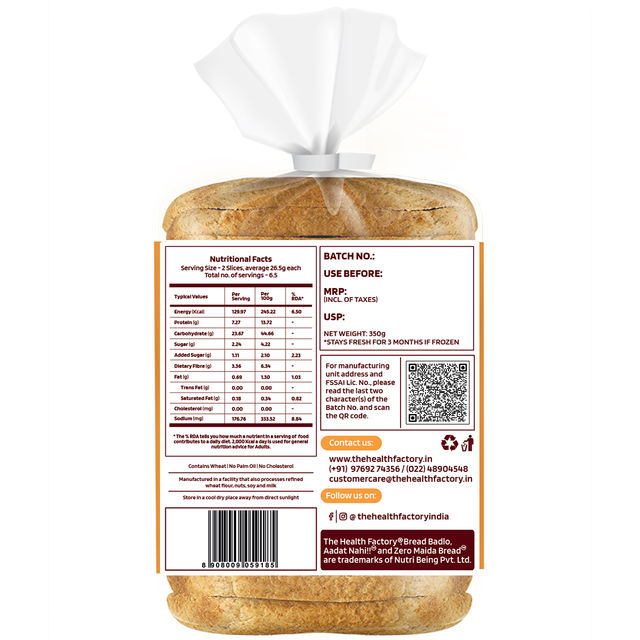 The Health Factory Zero Maida 100% Whole Wheat Bread | Clean Label - Not Brown