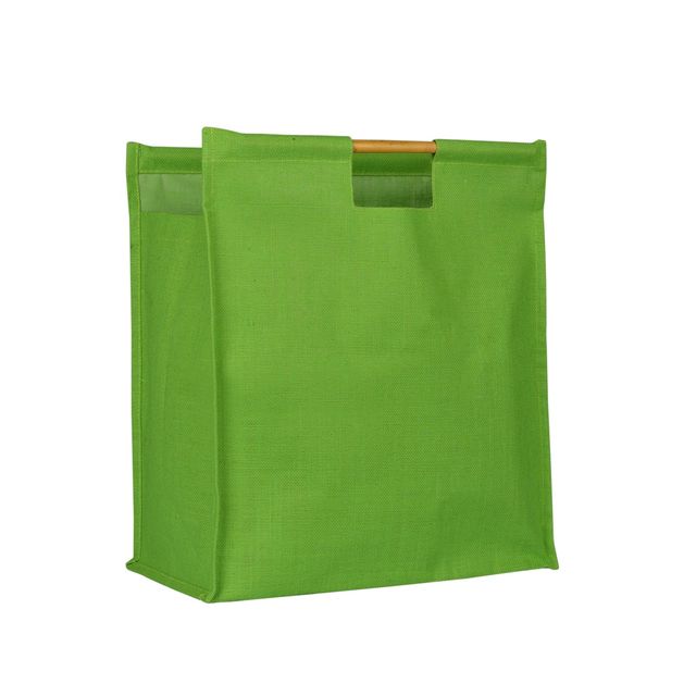 Jute Cottage Carry Bag - Jumbo Shopping Bag Bamboo Handle | Eco-friendly | Green | 19 x 18 x 9