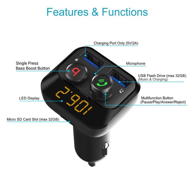 Portronics AUTO 10 POR 320,Bluetooth FM Transmitter in-Car Radio Adapter Hands-Free Calling(Black