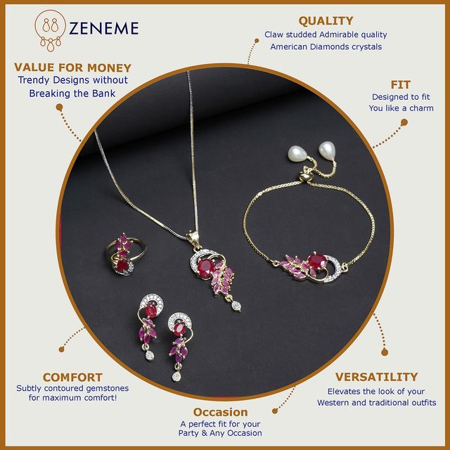 Zeneme Red Gold Plated Cubic Zirconia Studded Handcrafted Jewellery Set For Girls and Women