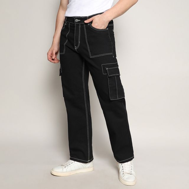 Campus Sutra Men's Contrast Stitched Cargo Denim Jeans | Black - 34