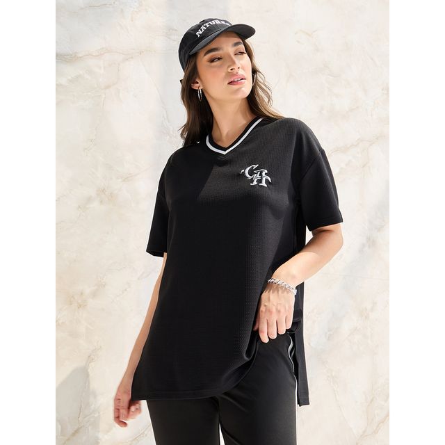 Styli Women's Oversized T-shirt with Contrast Neck Rib and Embroidered Detail | Black - XXL