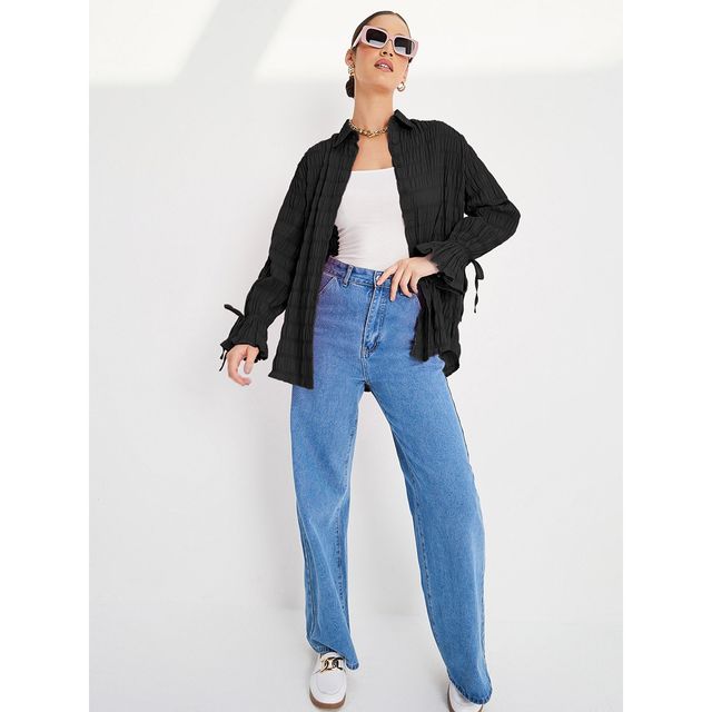 Styli Women's Oversized Long Length Shirt with Textured Poly Fabric | Black - XS