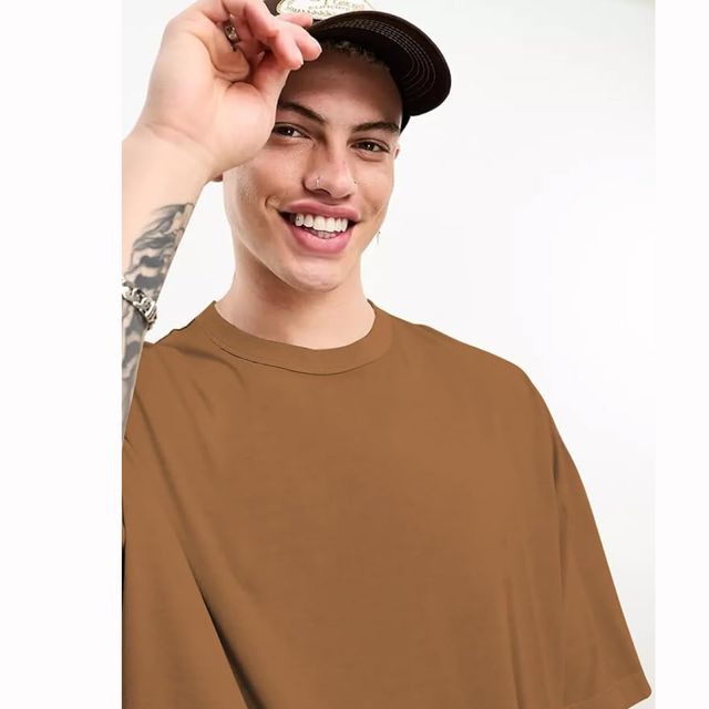 Chkokko Men's Oversized Solid Round Neck T-shirt | Golden Brown - S