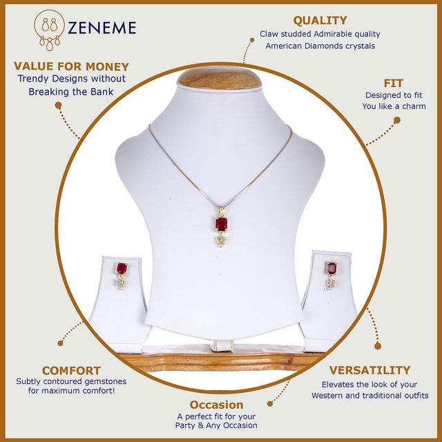 Zeneme Gold Plated Red CZ-AD Stone Drop Leaf Pendant Necklace Set With Earring For Women & Girls