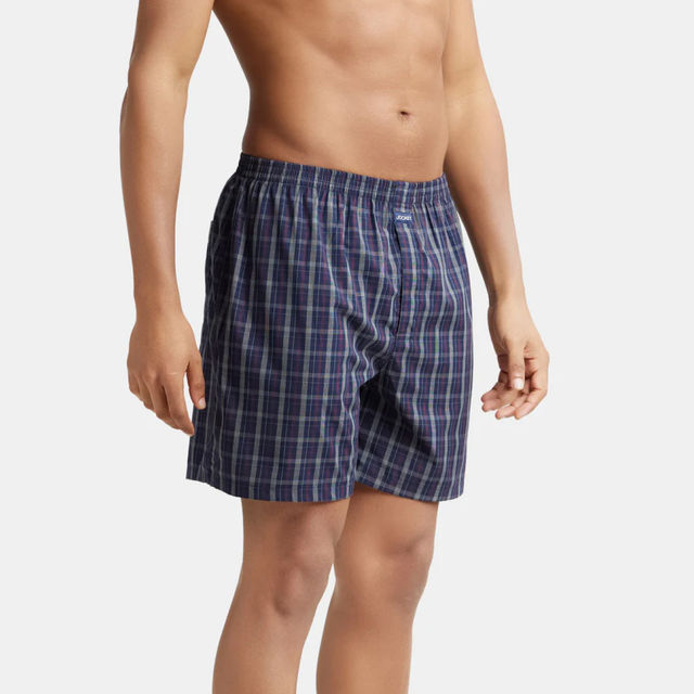 Jockey 1222 Men's Super Combed Mercerized Cotton Woven Checks Boxer|BackPocket | Blue-M
