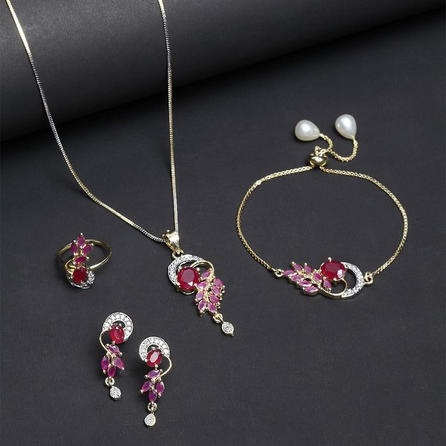 Zeneme Red Gold Plated Cubic Zirconia Studded Handcrafted Jewellery Set For Girls and Women
