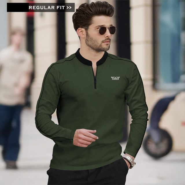 TRIPR Men Cotton Blend Mandarin Collar T-shirt | Olive Green and Black - XL