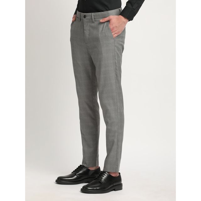 The Bear House Men Slim Fit Checked Polyester Blend Formal Trouser - Caneel | Grey | 30