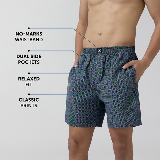 XYXX Astor IntelliEaze 100% Combed Cotton Printed Boxer | Back Pocket | Hexagon- L