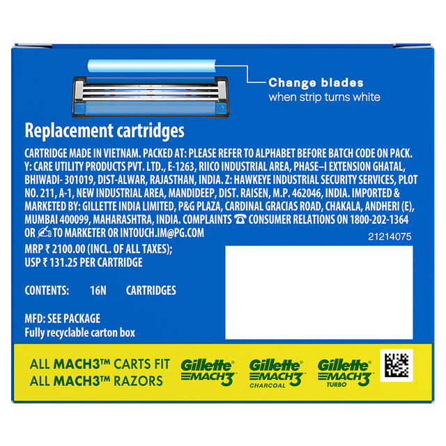 Gillette Mach3 Shaving 3-Bladed Cartridges, Pack Of 16, Men