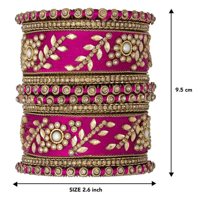 Peora Designer Silk Thread Matching Rani Pink Floral Bangle Set Bridal Chuda Chura(Size - 2.6 inch)