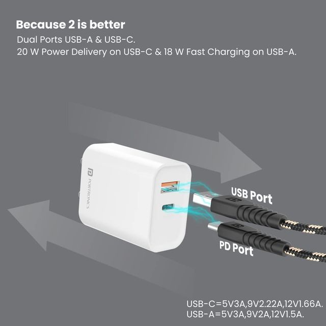 Portronics Adapto 45 20W Mobile Charger Adapter Dual Port (USB A + PD Type C) White