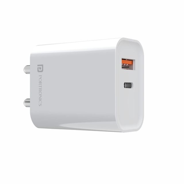 Portronics Adapto 45 20W Mobile Charger Adapter Dual Port (USB A + PD Type C) White