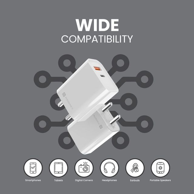 Portronics Adapto 45 20W Mobile Charger Adapter Dual Port (USB A + PD Type C) White