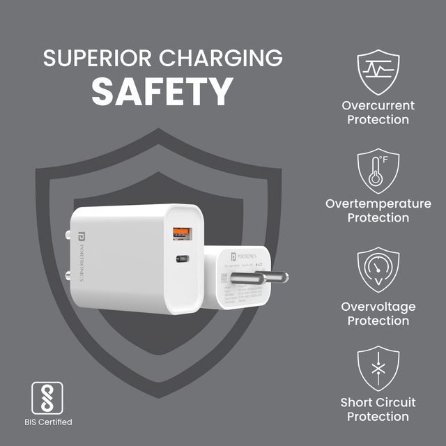 Portronics Adapto 45 20W Mobile Charger Adapter Dual Port (USB A + PD Type C) White