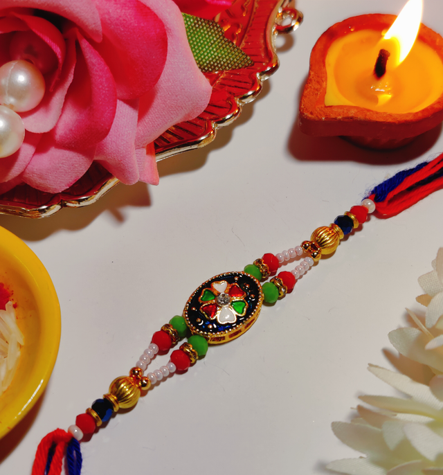 House Of Festivals Premium Kundan Work Flower Pendant Rakhi With Double Moti Dori