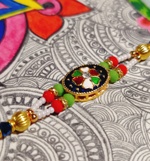 House Of Festivals Premium Kundan Work Flower Pendant Rakhi With Double Moti Dori