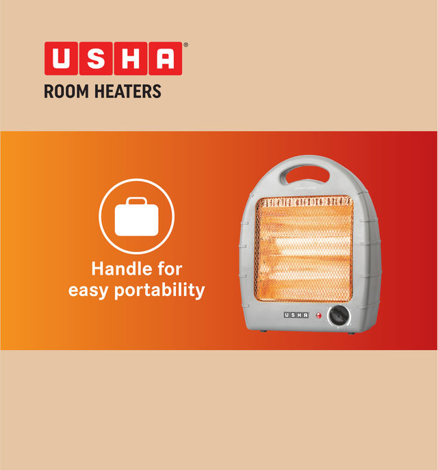 Usha Halogen Room Heater (800W, 2 Halogen Rods, Tip Over Switch For Safety, Handle, Hh4002, White)