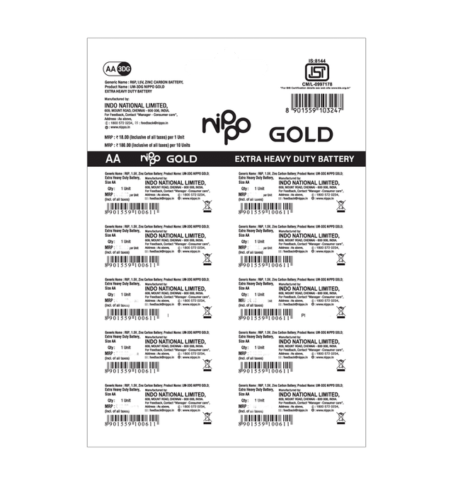 Nippo 3DG Gold AA Battery | 1.5 V | Leakproof | For Toys, Remotes, Clocks, Wireless Mouse - Pack of 10