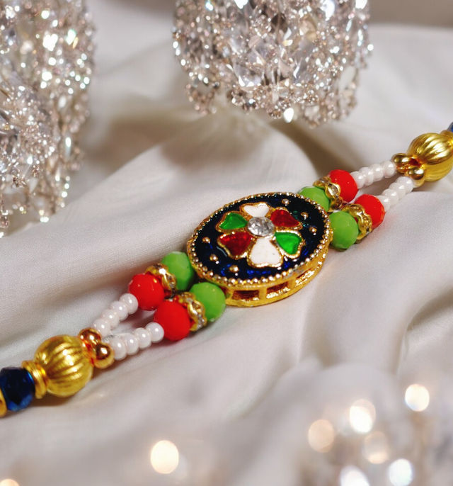 House Of Festivals Premium Kundan Work Flower Pendant Rakhi With Double Moti Dori