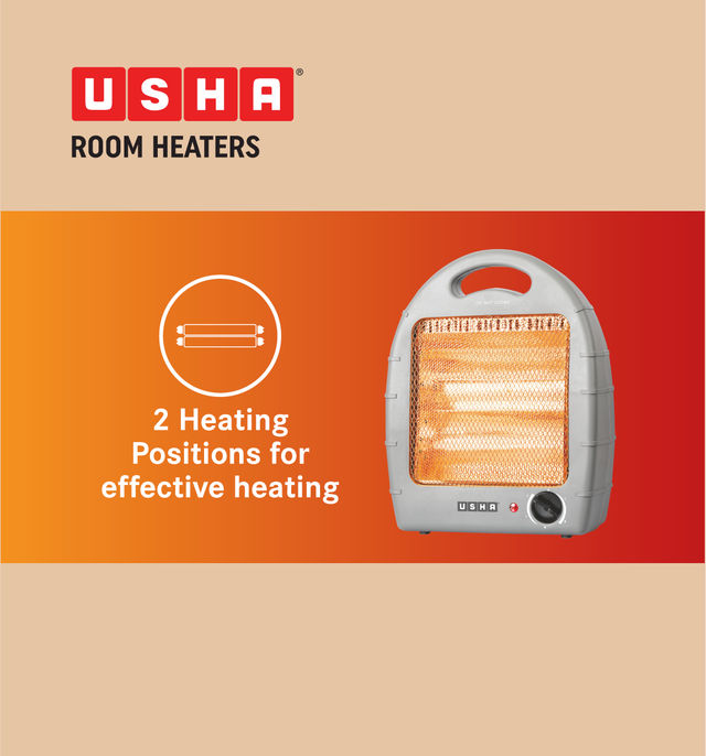 Usha Halogen Room Heater (800W, 2 Halogen Rods, Tip Over Switch For Safety, Handle, Hh4002, White)