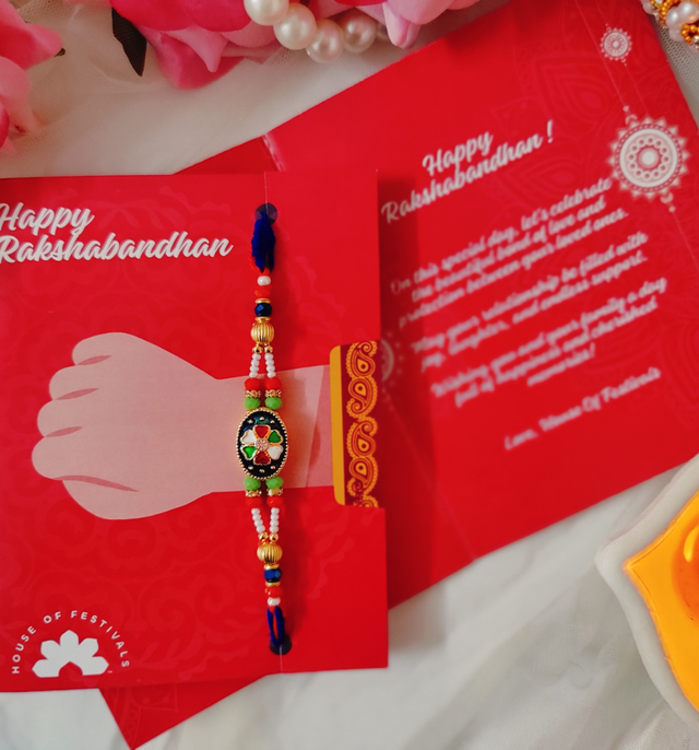 House Of Festivals Premium Kundan Work Flower Pendant Rakhi With Double Moti Dori