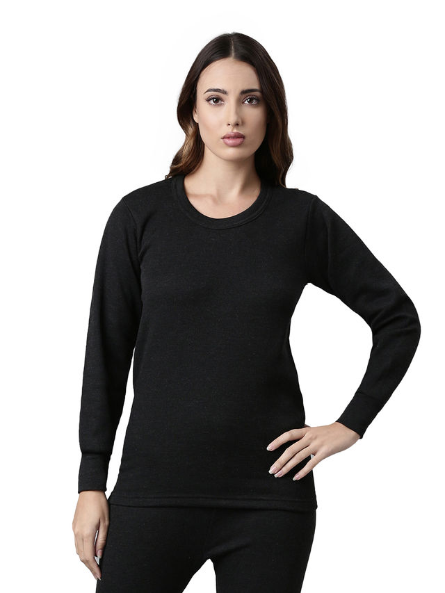 Rupa Thermocot Volcano Thermal Top For Women | Round-Neck | Full Sleeve | Anthra Melange - Small