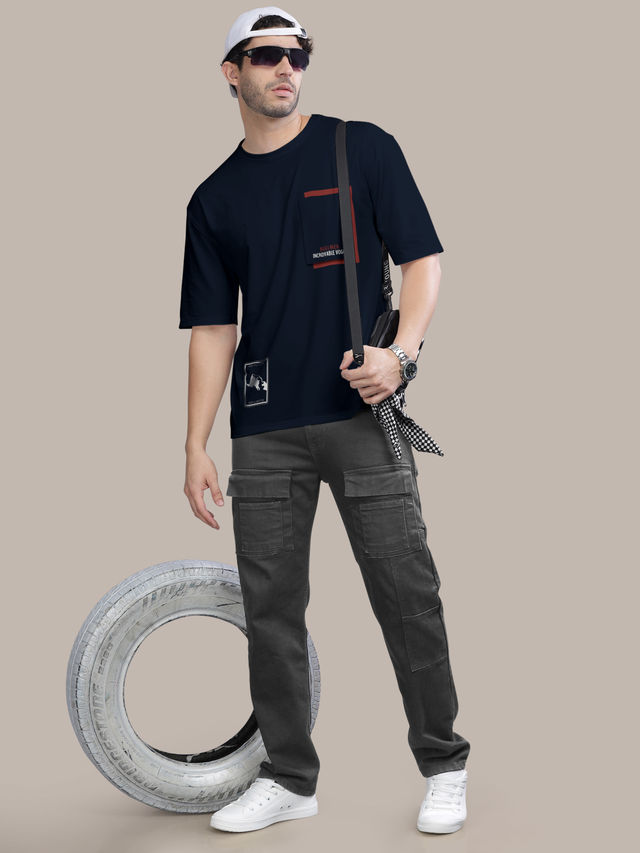 Bullmer Men's Oversized T-shirt Front Printed | Navy Blue | XL