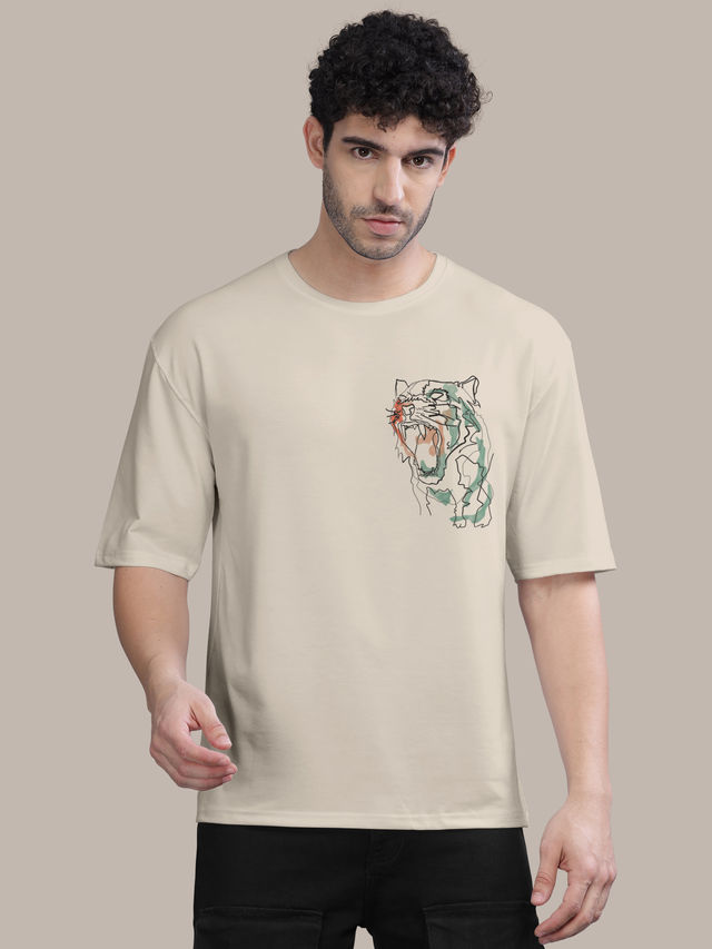 Bullmer Men's Oversized T-shirt Front and Back Printed, Colourblock Baggy | Off White | M