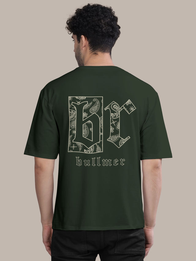Bullmer Men's Oversized T-shirt Front and Back Printed, Colourblock Baggy | Olive | L