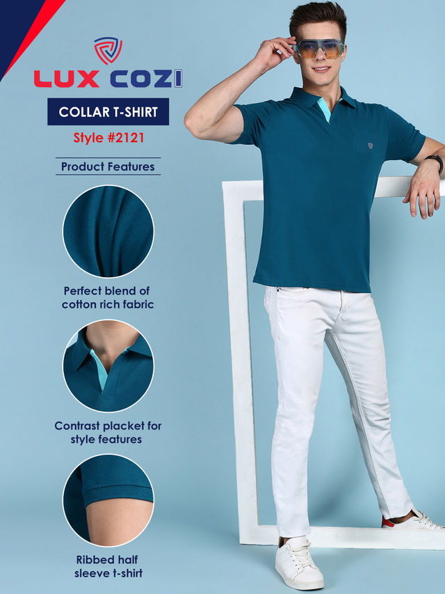Buy Lux Cozi Men's Solid Cotton Polo T-shirt | Emerald - S Online