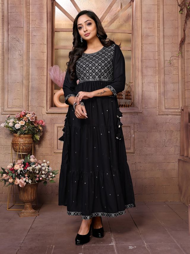 Rangita Women's Black Rayon Embroidered Ankle Length Tiered Flared Kurta | XL
